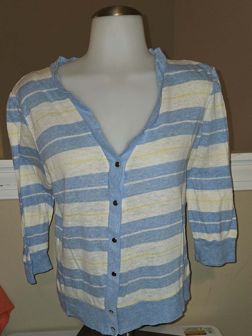 Vintage Women’s Light Blue, White & Pale Yellow Striped Button-Front Cardigan